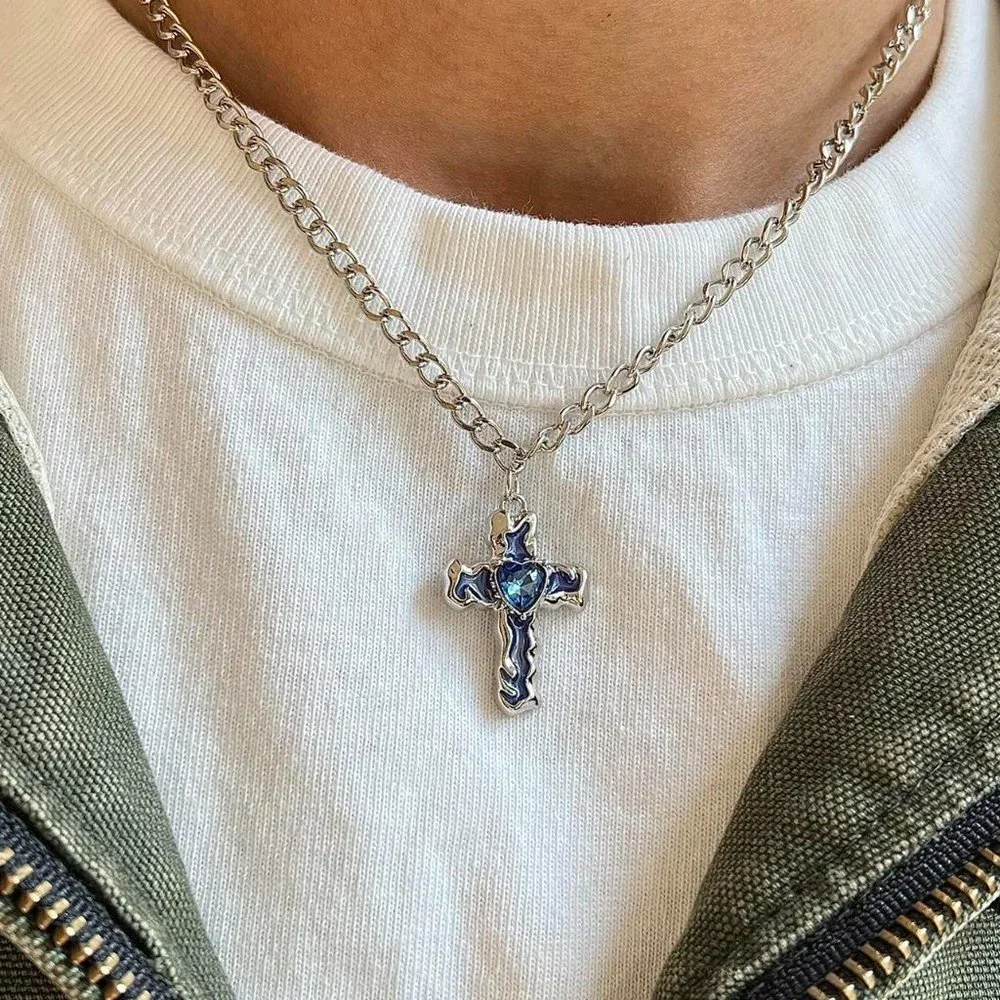 y2k 2000s grunge crystal cross pendant necklace